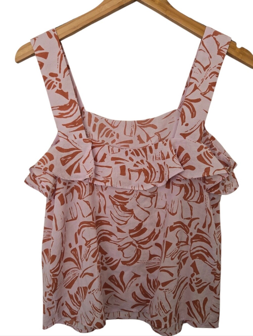 Nine West Medium Pink Rust Tropical Print Ruffle Tank Top Boho - Picture 4 of 4